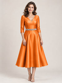 Orange V-Neck Tea-Length Mother of the Bride Dress with Embellished Waist
