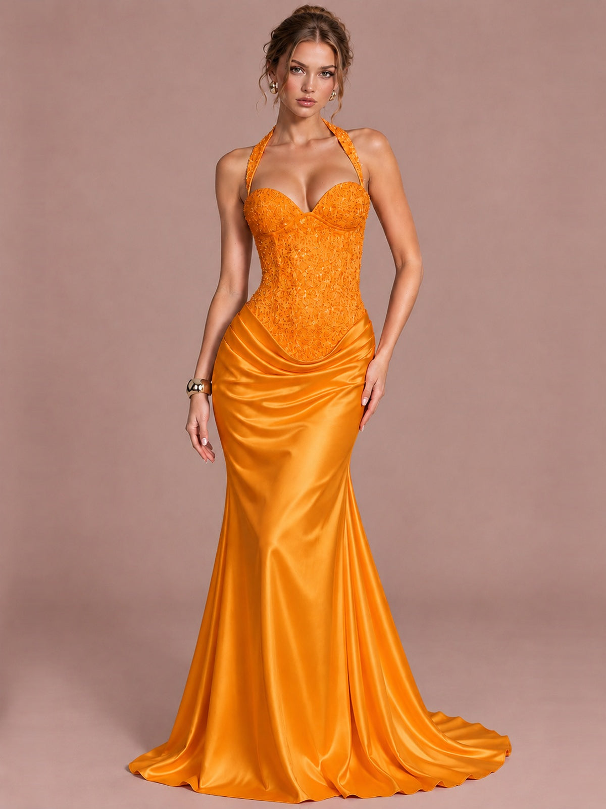 Orange Sparkling Halter Corset Satin Mermaid Prom Dress Long Ruched Sequin Formal Gown Evening Party Dress