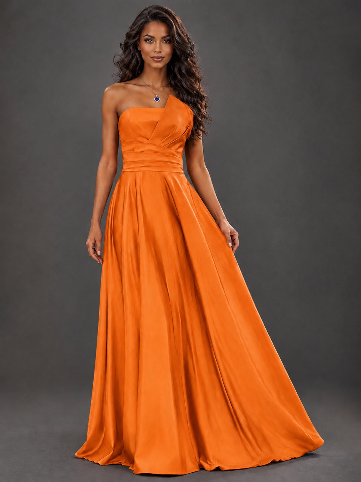 Draped Satin Prom Dress Strapless A-line Formal Dress Floor Length