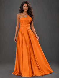 Draped Satin Prom Dress Strapless A-line Formal Dress Floor Length