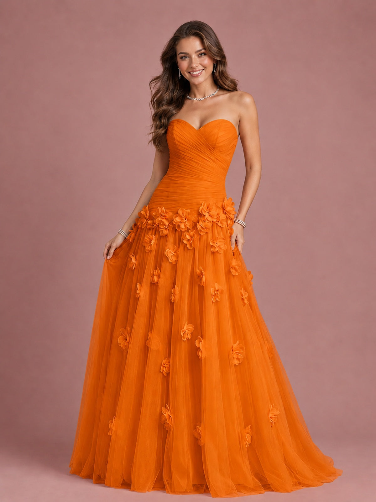 Blush Pink Strapless Sweetheart 3D Floral Tulle Ball Gown Prom Dres