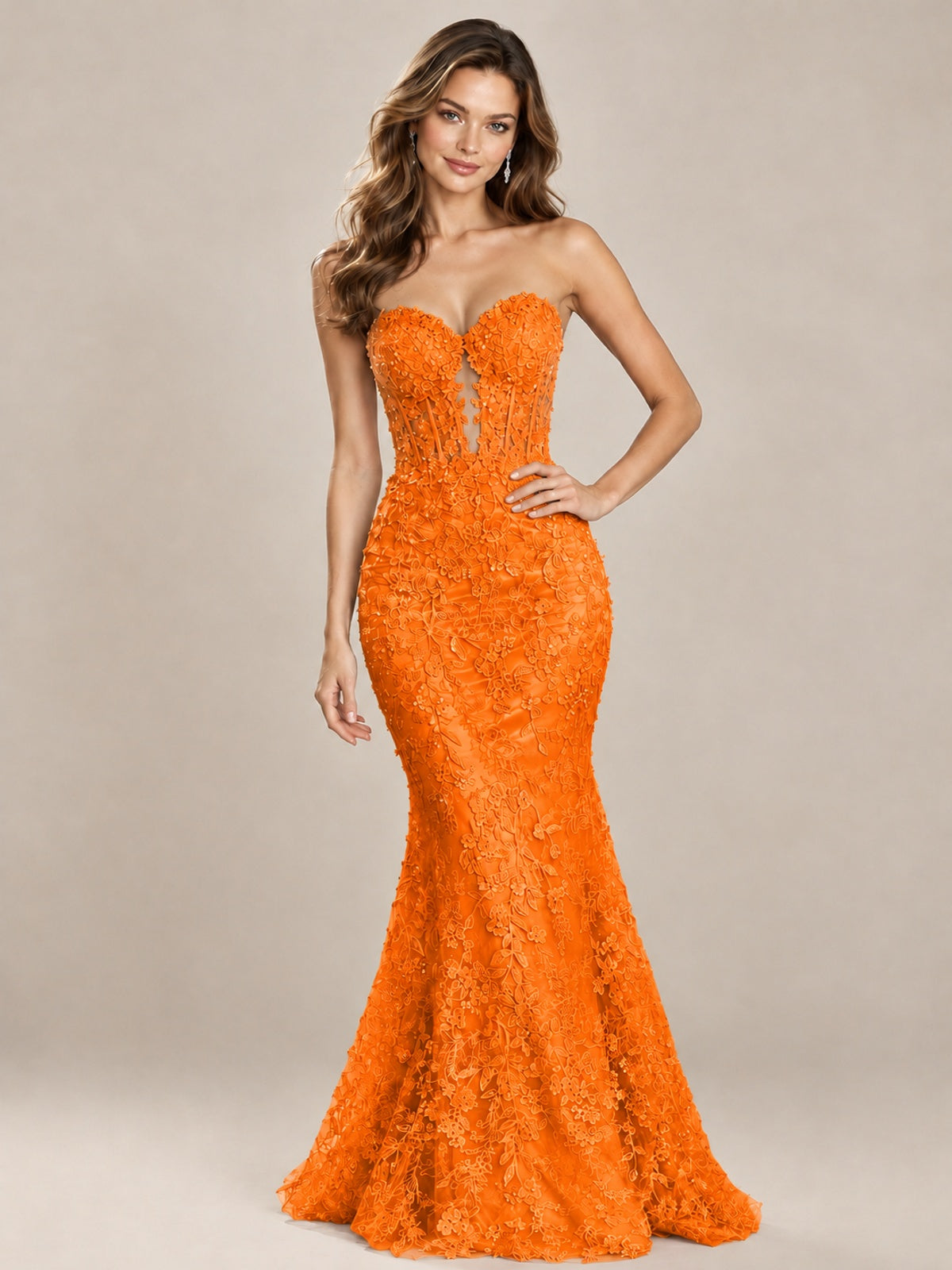 Strapless Corset Mermaid Prom Dress with Floral Lace Appliqué