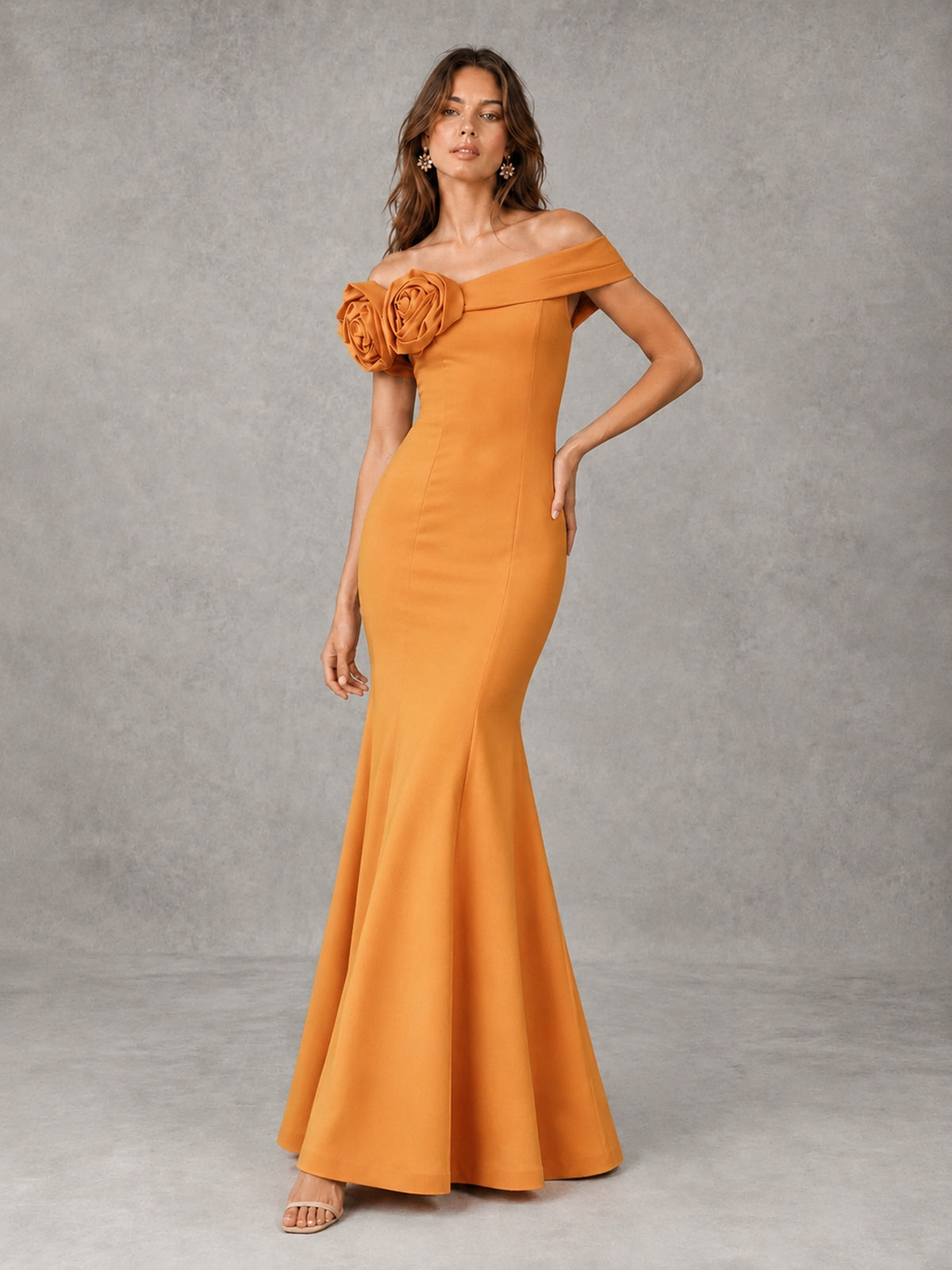 Blush Pink Off Shoulder Mermaid Bridesmaid Dress with Floral Rosette