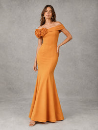 Blush Pink Off Shoulder Mermaid Bridesmaid Dress with Floral Rosette