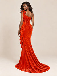 Black Velvet One-Shoulder Mermaid Evening Gown with Bow & Ruffles