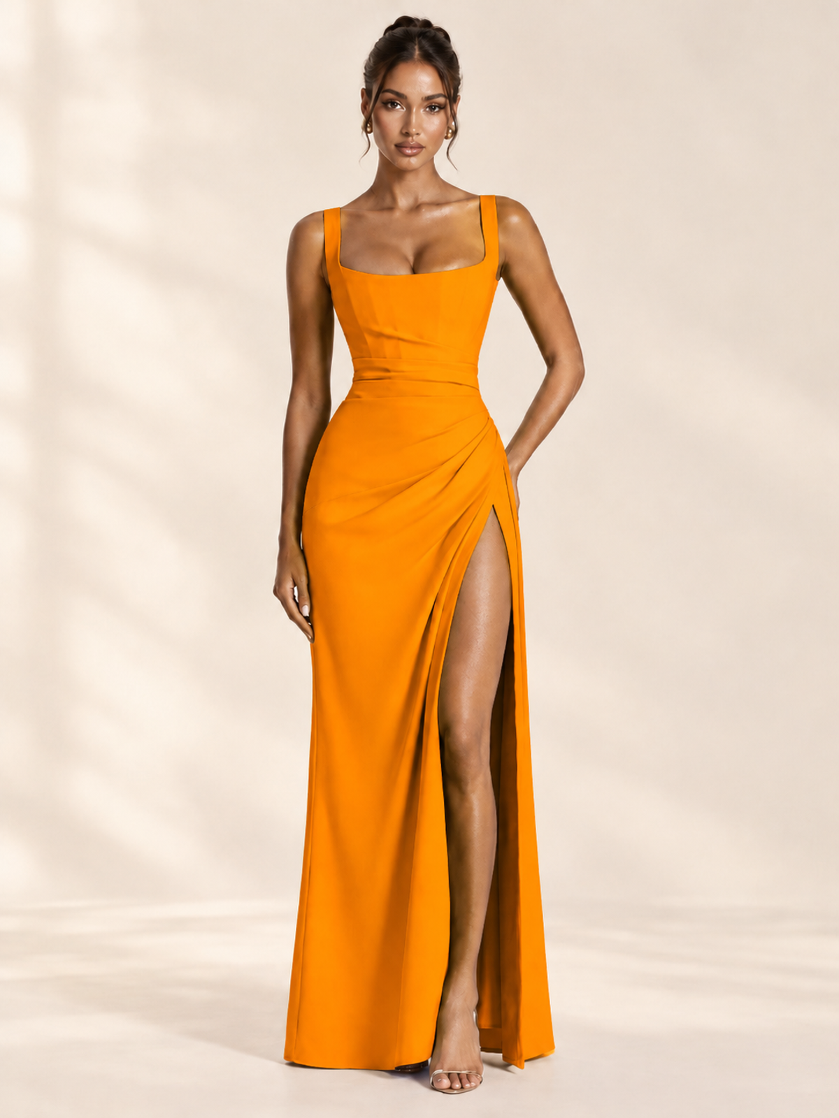 Square Neck Satin Sleeveless Ruched Prom Dress with High Slit