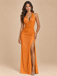 Halter V-Neck Sequin Mermaid Prom Dress with High Slit