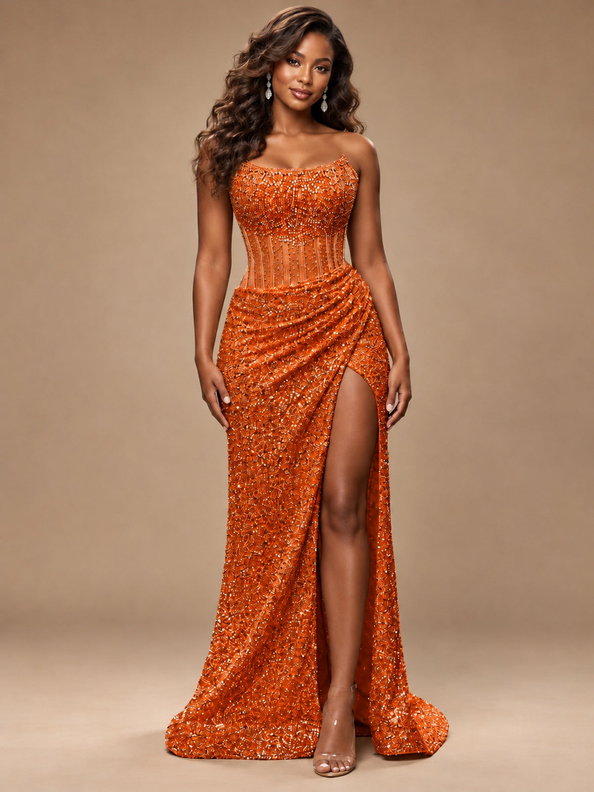 Gold Sequin Strapless Corset Prom Dress with High Slit