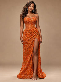 Gold Sequin Strapless Corset Prom Dress with High Slit