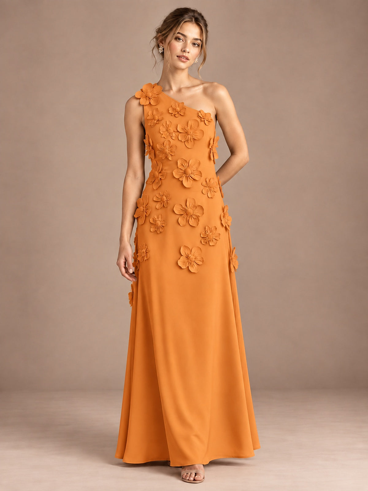 Orange- One Shoulder Satin Formal Maxi Dress with 3D Floral