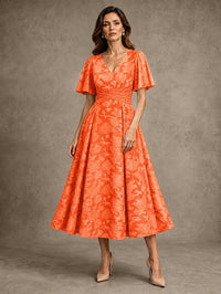 V-Neck Floral Jacquard Tea-Length Mother of the Bride Dress