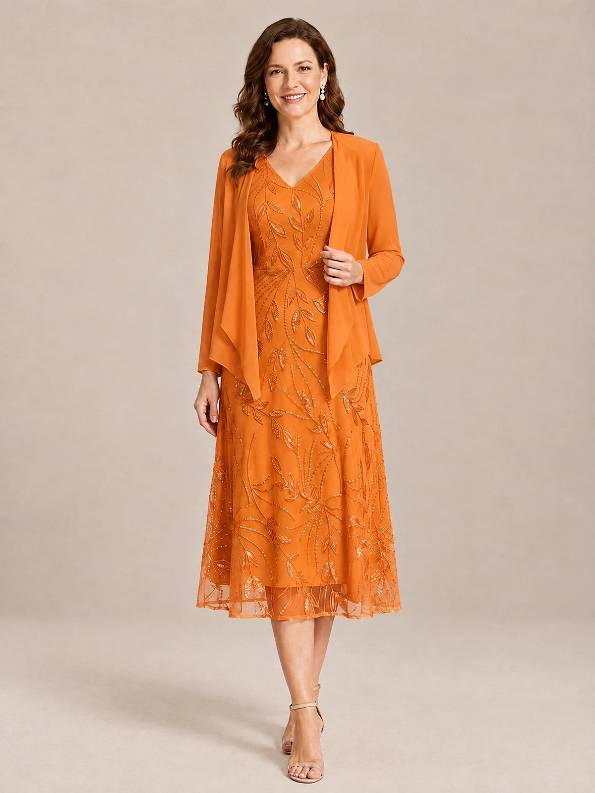 Orange-2 Piece Lace Appliques Chiffon Mother of The Bride Dress with Sequin