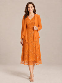 Orange-2 Piece Lace Appliques Chiffon Mother of The Bride Dress with Sequin