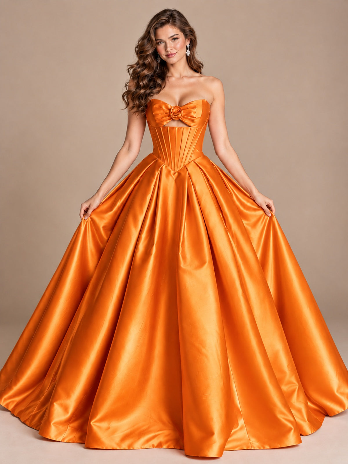 Pink Strapless Corset Satin Prom Derss & Ball Gown with 3D Floral