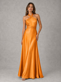 Sage Green Satin A-Line Bridesmaid Dress with Halter Neck