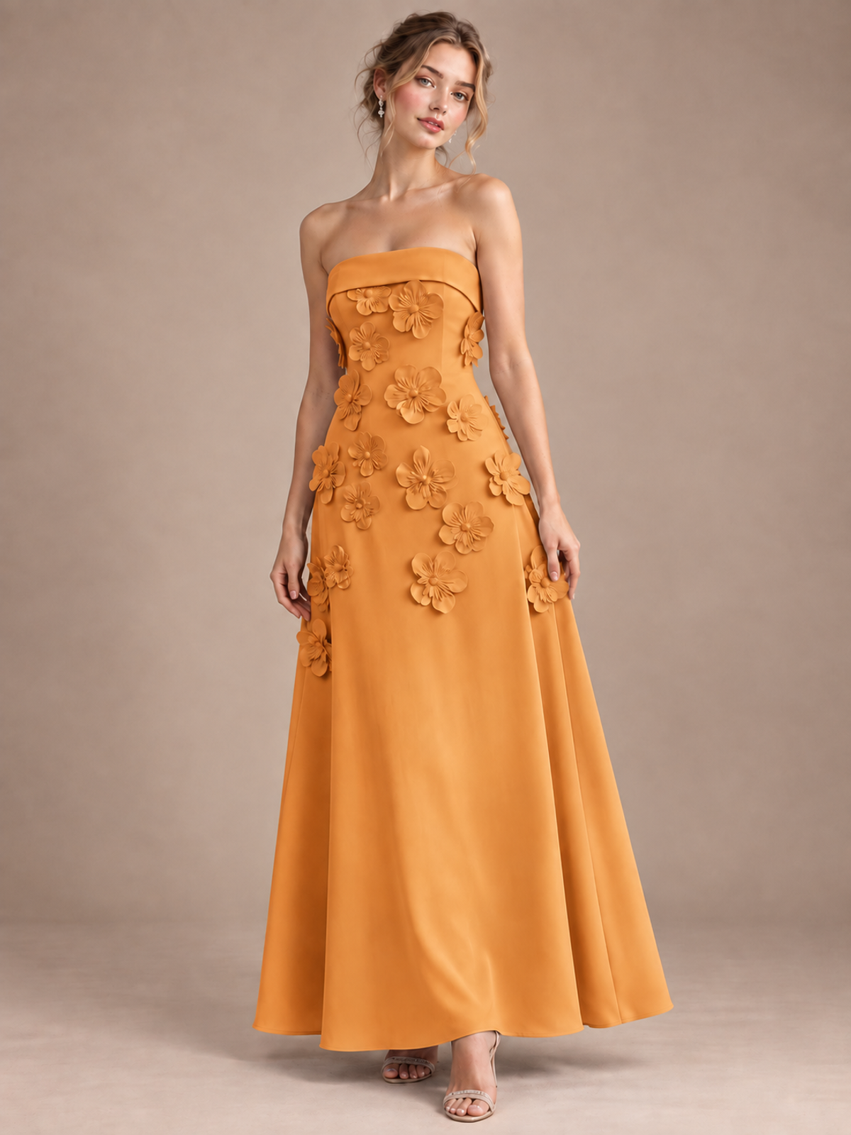 Orange Strapless 3D Floral Appliques Maxi Dress
