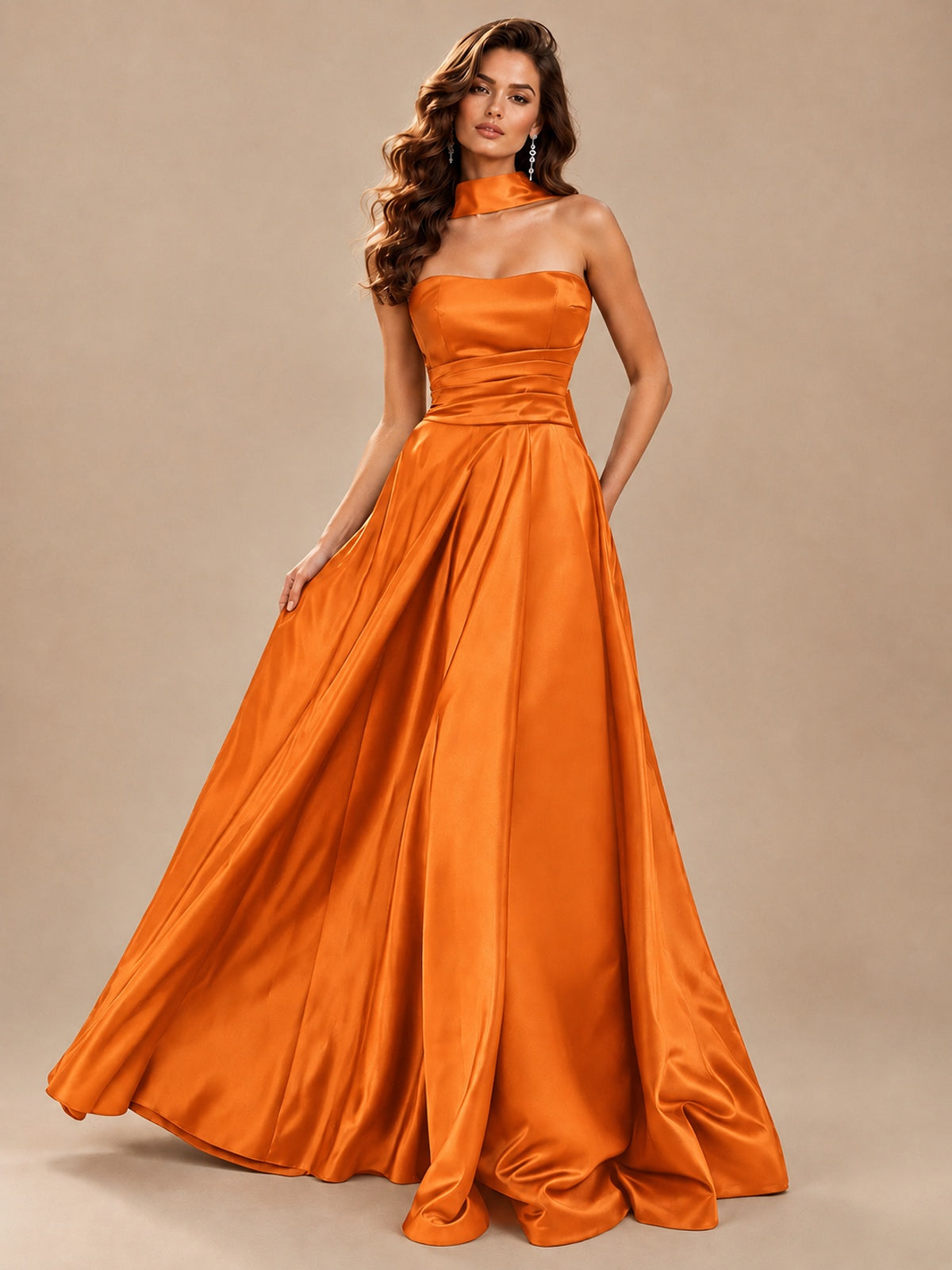 Strapless Prom Dress Side High Slit A-line Formal Dress with Scarf
