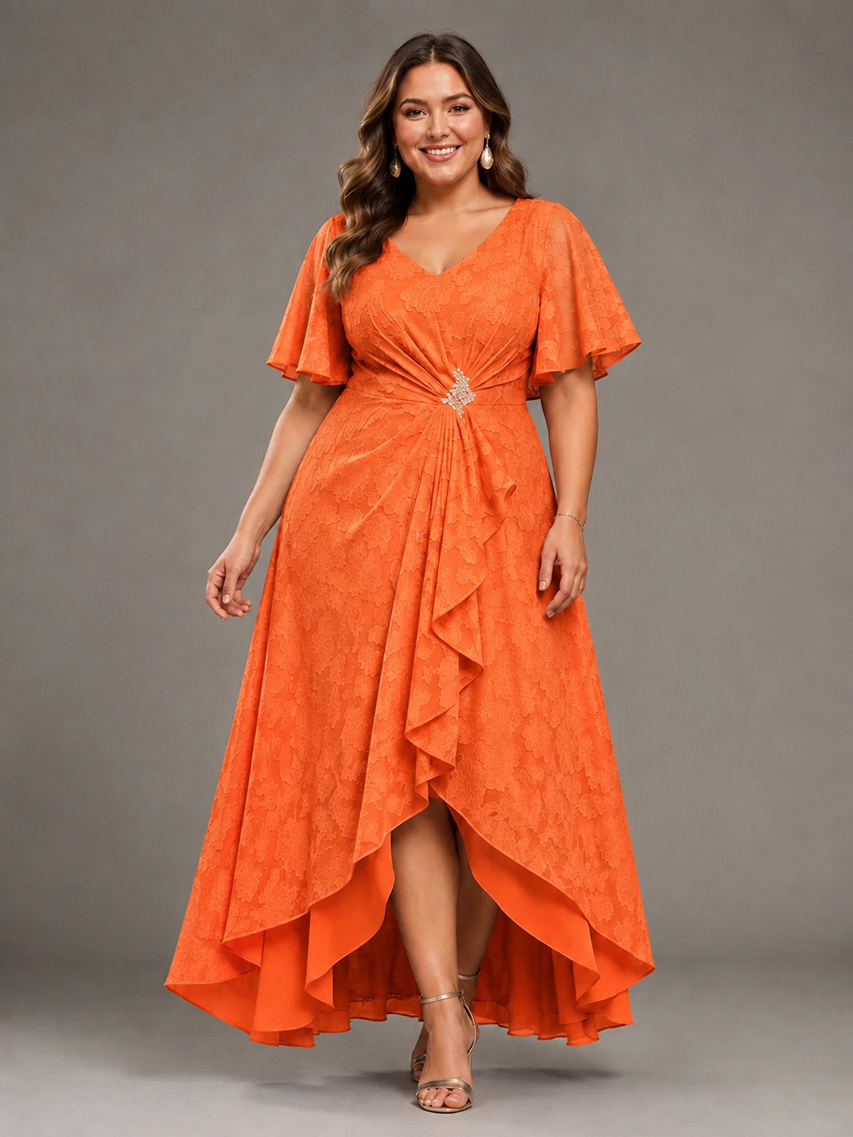 Jacquard Chiffon A-Line V-Neck High-Low Mother of the Bride Dress