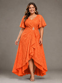 Jacquard Chiffon A-Line V-Neck High-Low Mother of the Bride Dress