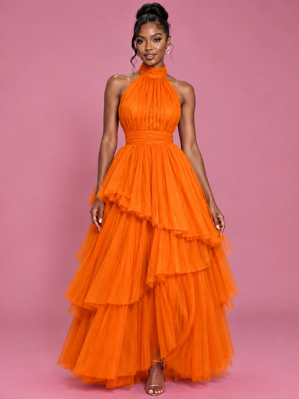 Hot Pink Tulle Halter Neck Tiered Ruffle Maxi Dress