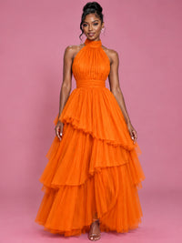 Hot Pink Tulle Halter Neck Tiered Ruffle Maxi Dress