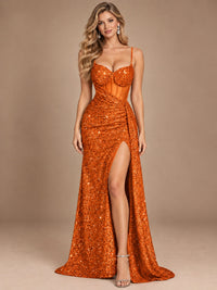 Burgundy Sequin Corset Prom Dress with High Slit