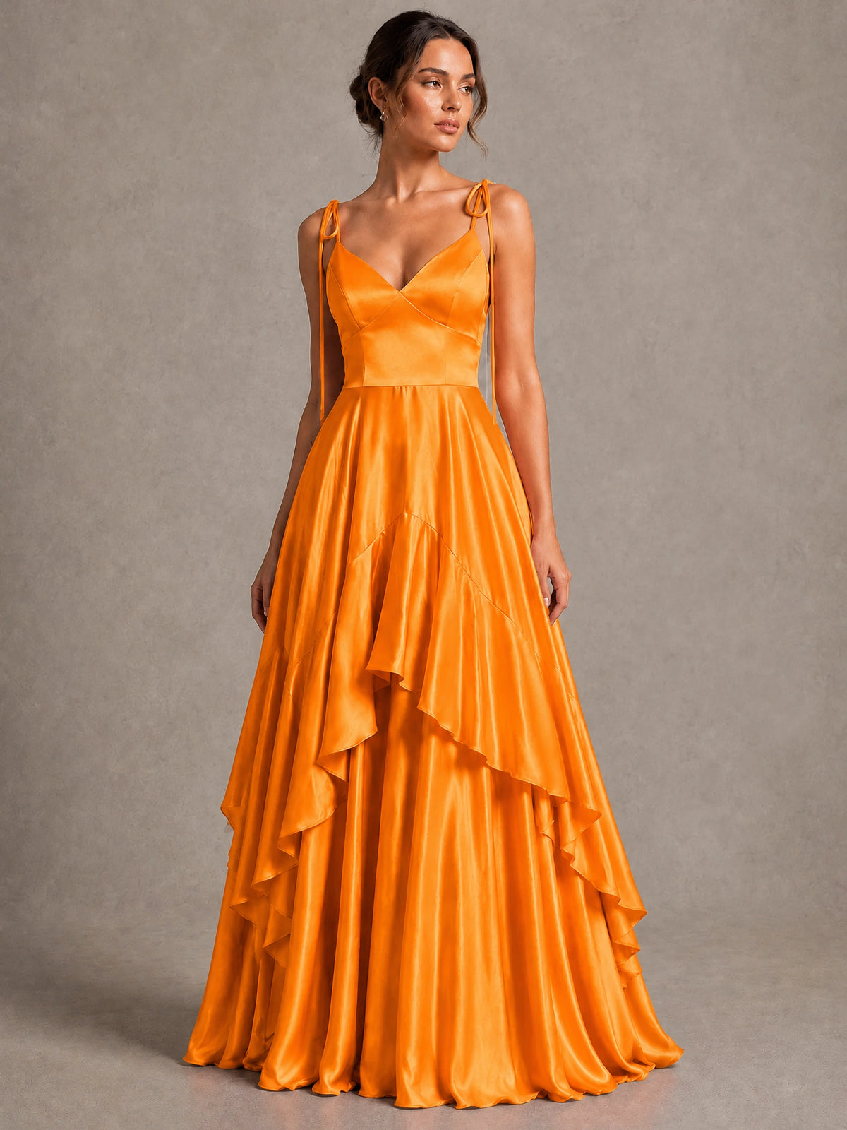 Lavender Satin V-Neck Ruffle Maxi Dress