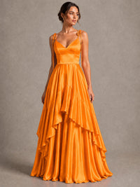 Lavender Satin V-Neck Ruffle Maxi Dress