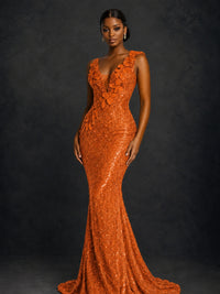 Gold Sequin Floral Applique Mermaid Prom Dress