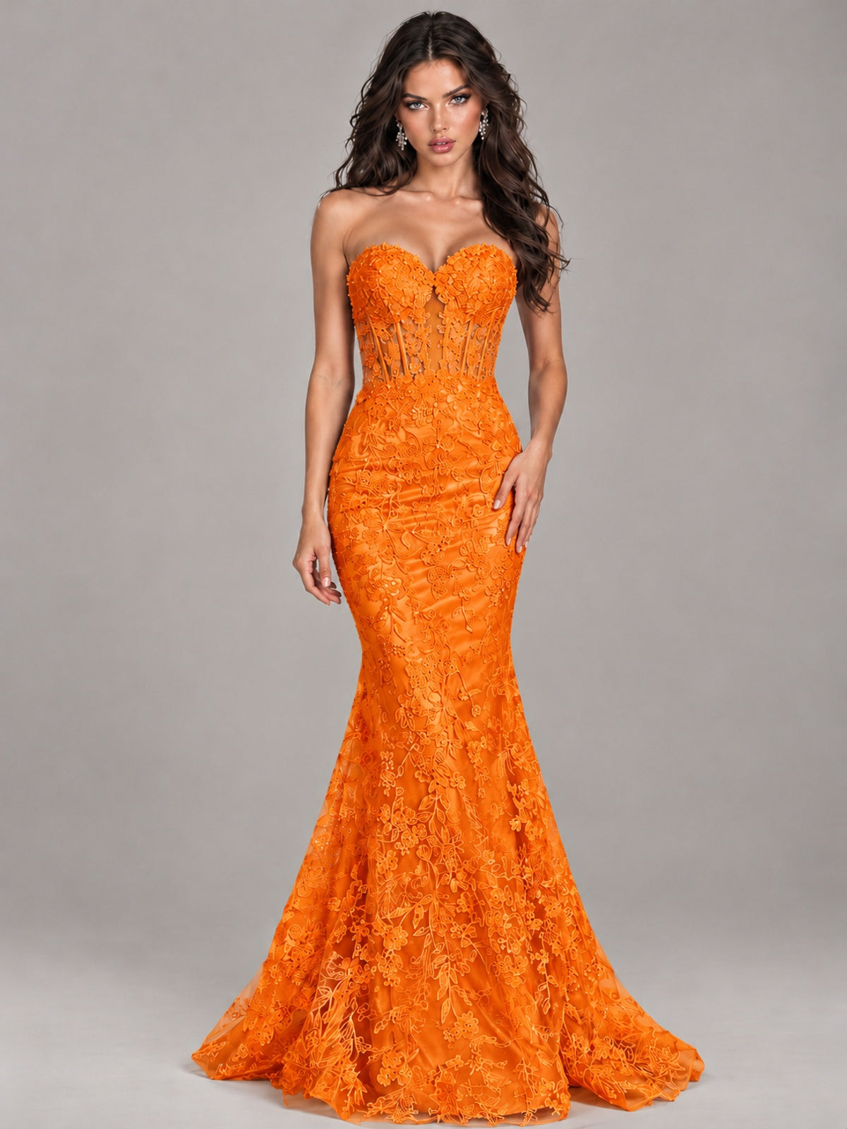 Strapless Corset Mermaid Prom Dress Lace Appliqué Formal Gown