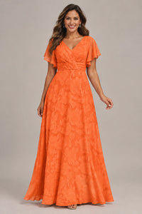 Jovellee Floral Chiffon A-Line Mother of the Bride Dress with Flutter Sleeves