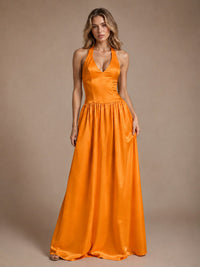 Pink V Neck Halter Satin Maxi Dress