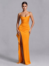 Orange Squre Neck Pleated Satin Prom Dresses for Teens Women Long Evening Formal Gown with Slit Ruffles
