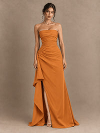 Black and White Strapless Ruched Prom Dress with High Slit & Side Drape
