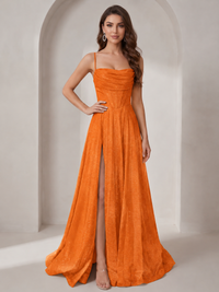 Sparkly Cowl Neck Corset Long Prom Dress with Slit A-line Tulle Ball Gown