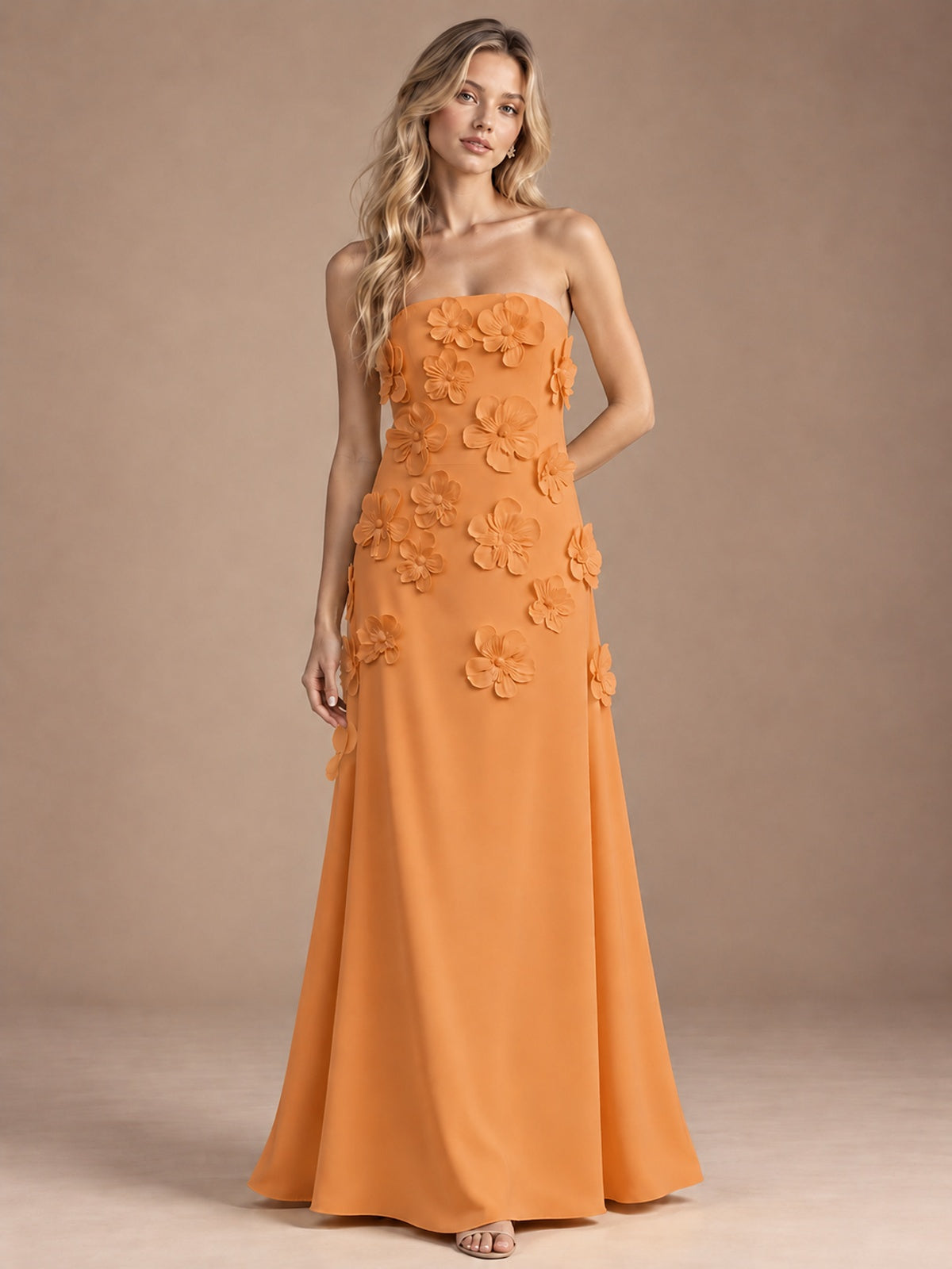 Orange-Strapless 3D Floral A-line Satin Prom Maxi Dress Formal Evening Gown