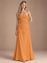 Orange-Strapless 3D Floral A-line Satin Prom Maxi Dress Formal Evening Gown