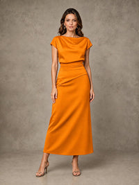 Cowl Neck Satin Mother of the Bride Dress with Ruched Waist