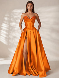Orange Strapless Corset Satin Prom Dress Long Evening Gown with High Slit