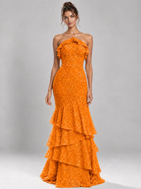 Halter Tiered Mermaid Prom Dress with Sparkly Lace