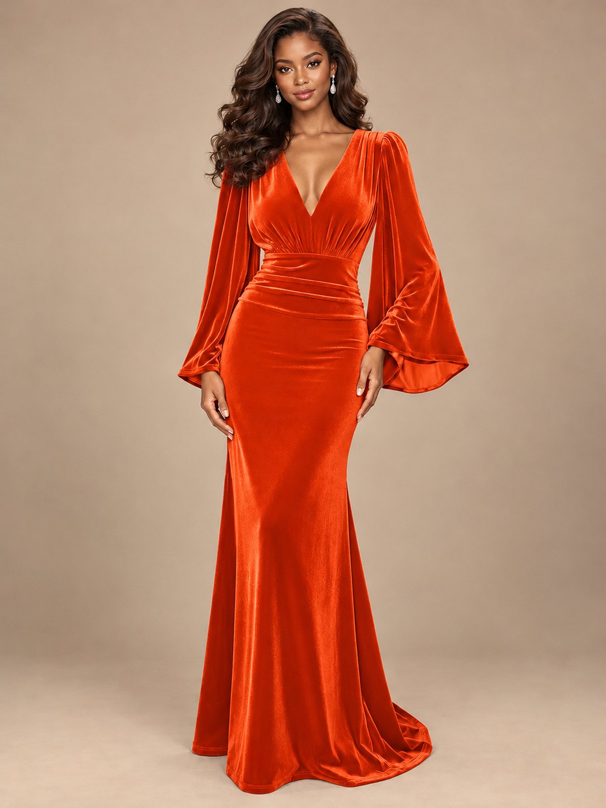 Burgundy Velvet Deep V-Neck Ruched Long Sleeve Maxi Dress