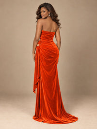Burgundy Velvet Strapless Ruched Prom Dress with Jeweled Side Drape