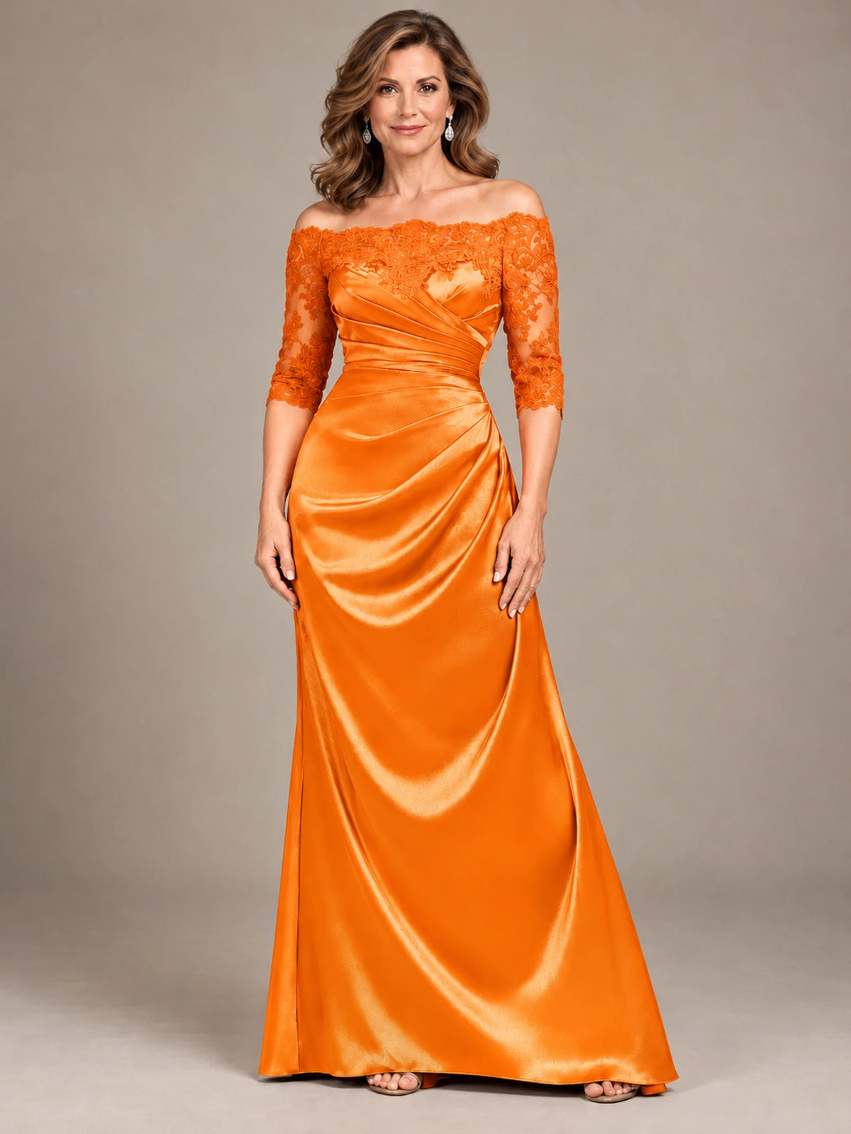 Satin Mother of the Bride Dress with Lace Sleeves Off Shoulder Formal Gown