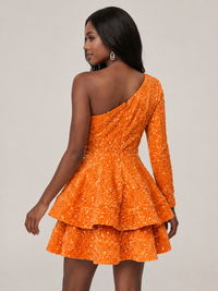 Puffy One Shoulder Sequin Tiered Mini Dress