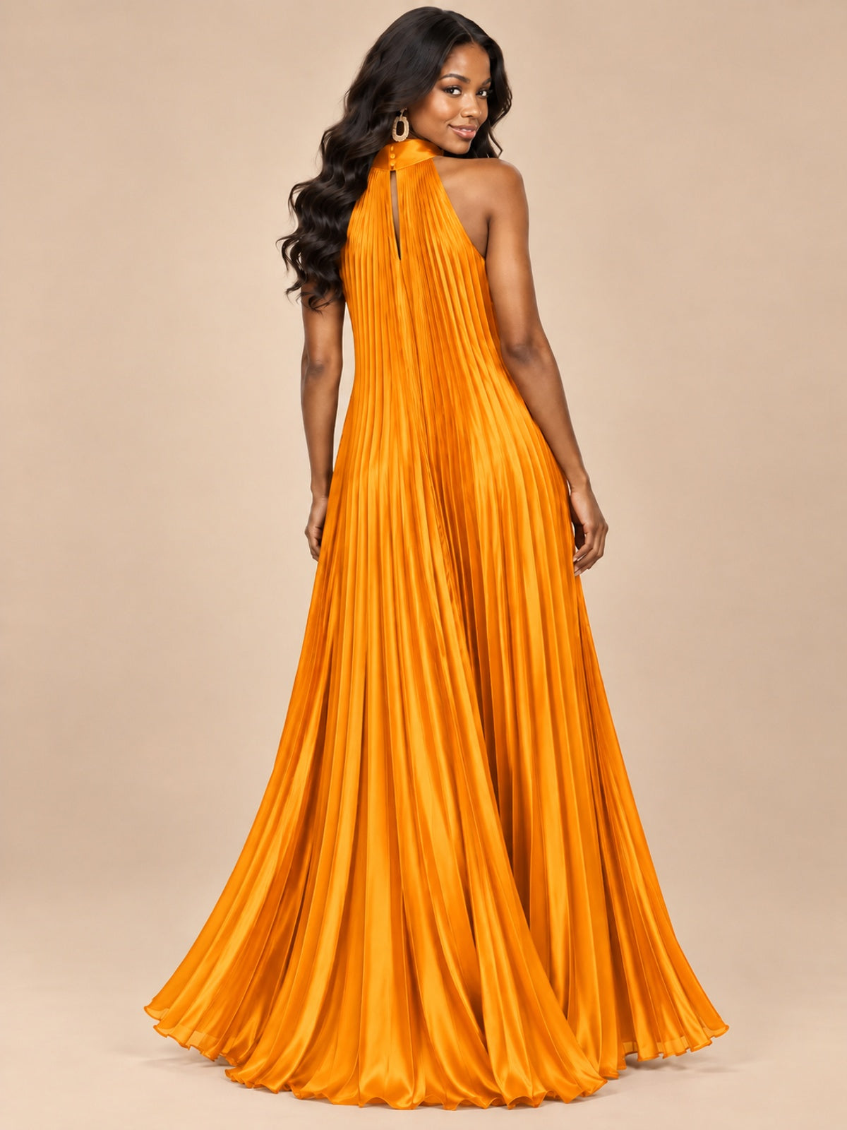 Rust Orange Pleated Halter Neck Maxi Dress