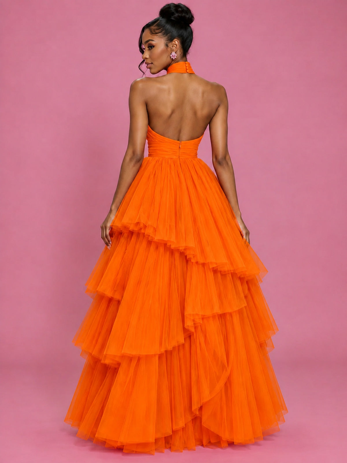 Hot Pink Tulle Halter Neck Tiered Ruffle Maxi Dress