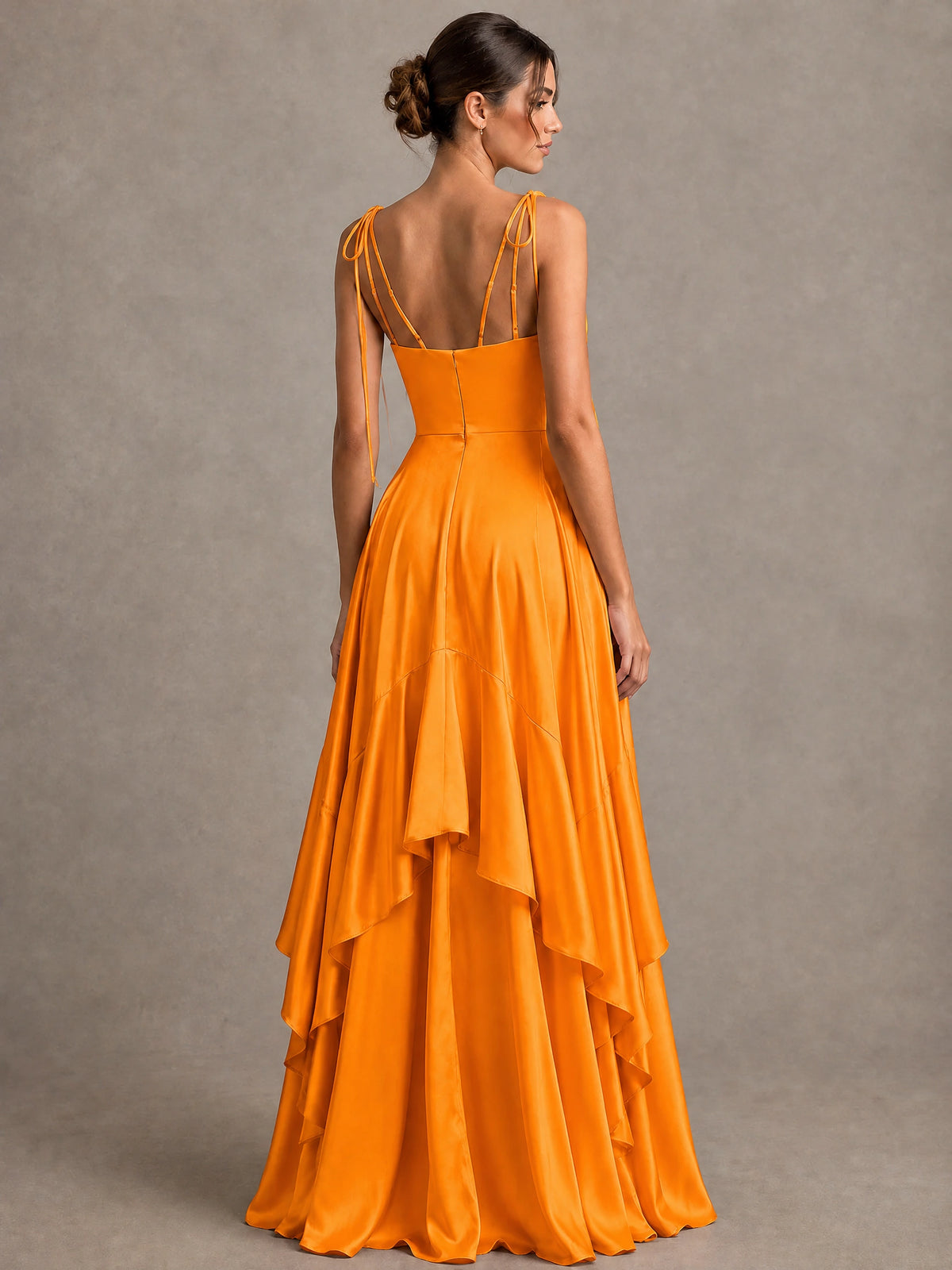 Lavender Satin V-Neck Ruffle Maxi Dress