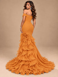 Dusty Blue Off-the-Shoulder Mermaid Prom Dress with 3D Rose & Ruffles