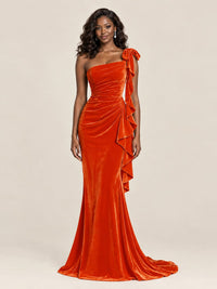 Black Velvet One-Shoulder Mermaid Evening Gown with Bow & Ruffles