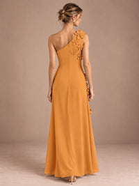 Sage Green One Shoulder Satin Formal Maxi Dress with 3D Floral